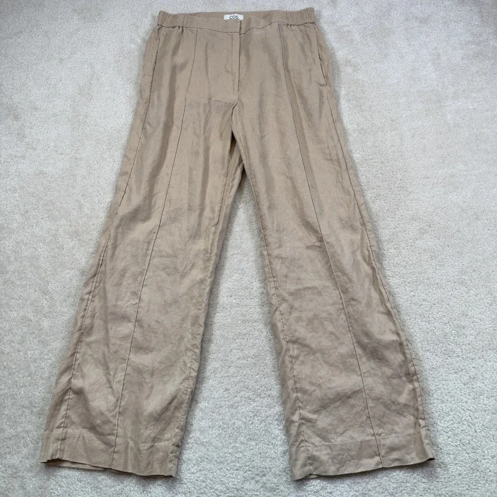 Cos 100% Linen Wide Leg Pants Womens 10 Beige Front Seam Elastic Waist